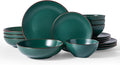Famiware Venus 16-Piece Stoneware Dinnerware Set with Pasta Bowls for 4, Plates and Double Bowls with Trim for Everyday & Formal Use, Chip Resistant Dishes, Microwave/Dishwasher Safe, Matte Dark Green