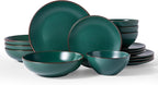 Famiware Venus 16-Piece Stoneware Dinnerware Set with Pasta Bowls for 4, Plates and Double Bowls with Trim for Everyday & Formal Use, Chip Resistant Dishes, Microwave/Dishwasher Safe, Matte Dark Green