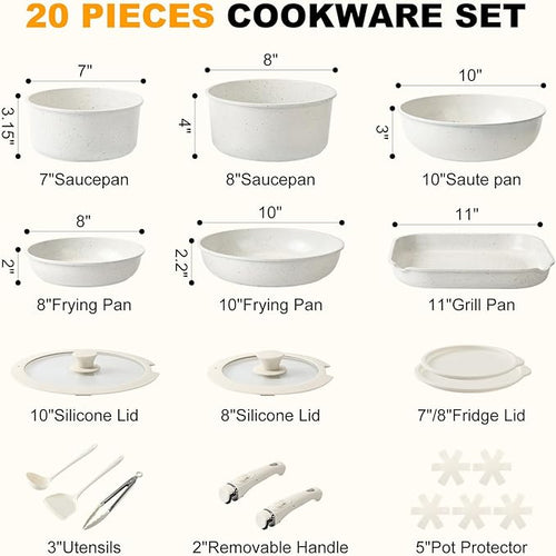 21 Pcs Pots and Pans Set Non Stick, Ceramic Cookware Set Detachable Handle, RV Kitchen Cooking Set Removable Handles, Oven Safe, Induction ReadyStackable Non-stick set Cream White