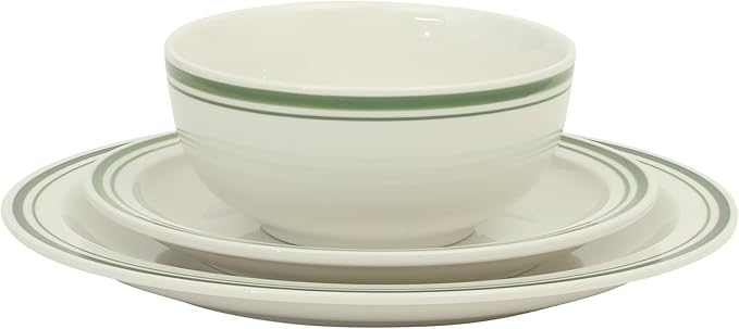 Gibson Home Hometown Diner 12-Piece Porcelain Dinnerware Set, Round Plates and Bowls Set for 4, White with Green Rim, Dishwasher Safe – Dinner Plate, Salad Plate & Cereal Bowl