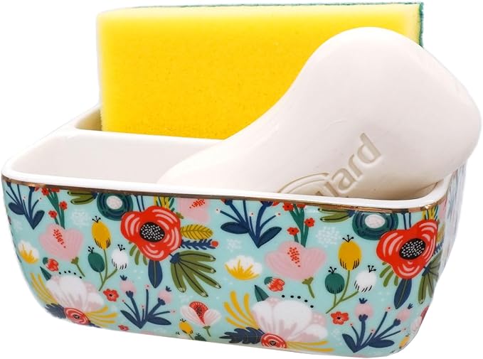 2 Compartments Ceramic Sponge Holder for Kitchen Sink, Cute Floral Countertop Dish Sponges Holder Soap Sink Organizer Farmhouse Caddy (Mint Green)
