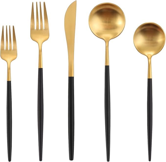 Matte Black Gold Silverware Set, Oliviola 20-Piece Stainless Steel Flatware Cutlery Set Service for 4, Satin Finish Kitchen Utensil Set, Dishwasher Safe