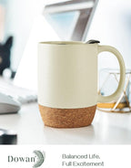 DOWAN Coffee Mugs Set of 2, 15 OZ Ceramic Mug with Cork Bottom and Splash Proof Lid, Large Coffee Cup with Handle for Tea Latte, Beige