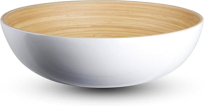 LEXA 12" Handmade Bamboo Salad Bowl – 130 oz Large Wooden Fruit Bowl for Kitchen Counter, White