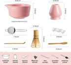 YOLIFE 7 Pcs Matcha Whisk Set, Includes Matcha Bowl with Spout, Bamboo Whisk (Chasen) with Ceramic Holder, Scoop and Powder Spoon, Sifter, Matcha Kit for Ceremony (Pink)