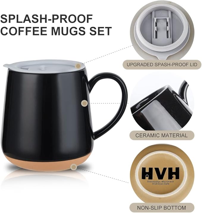 HVH Ceramic Coffee Mugs Set of 4, 17oz Large Mugs with Lid, Farmhouse Style (Black)