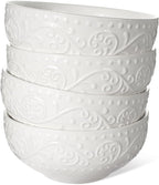Artena Ceramic Cereal Bowls 26 oz, Embossment Soup Bowls Set of 4, White Salad Bowl for Kitchen, Dinner, Breakfast, Oatmeal, Rice, Pasta, Dishwasher Microwave Safe, 6 inch (Lianas)