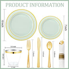 WDF Partyware 175PCS Sage Green Plastic Plates - Heavy Duty Green Plates Disposable - 25Guests Plastic Dinnerware with Rolled Napkins for Spring/Birthday/Baby Shower