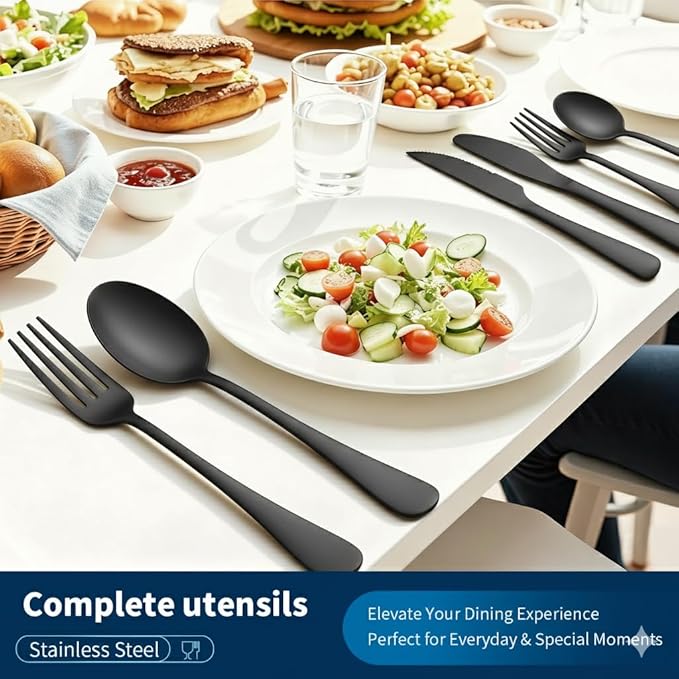 GPY Black Silverware Set with Steak Knives, 36-Piece Stainless Steel Flatware Set Service for 6, Titanium Plated Black Eating Utensils, Modern Mirror Finish Cutlery for Kitchen & Home