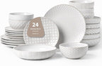FOBENTA 24-Piece Ceramic Dinnerware Set,Large Plates and Bowls Set for 6,Elegant Dish Set for Families & Entertaining–Microwave & Dishwasher Safe Tableware (Double Bowl)