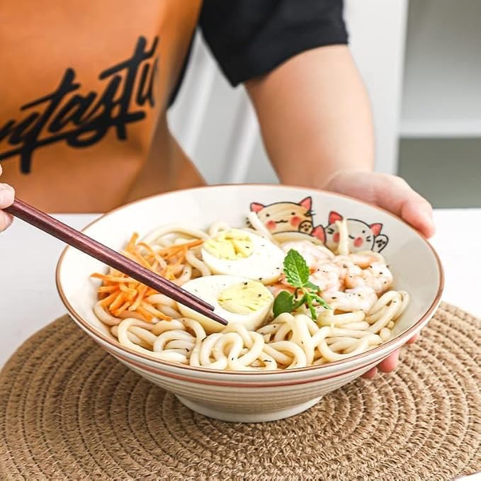 NJCHARMS Ceramic Japanese Ramen Noodle Soup Bowl, 2 Sets (6 Piece) 42 Ounce, with Matching Spoon and Chopsticks for Udon Soba Pho Asian Noodles (8 inch, Beige)