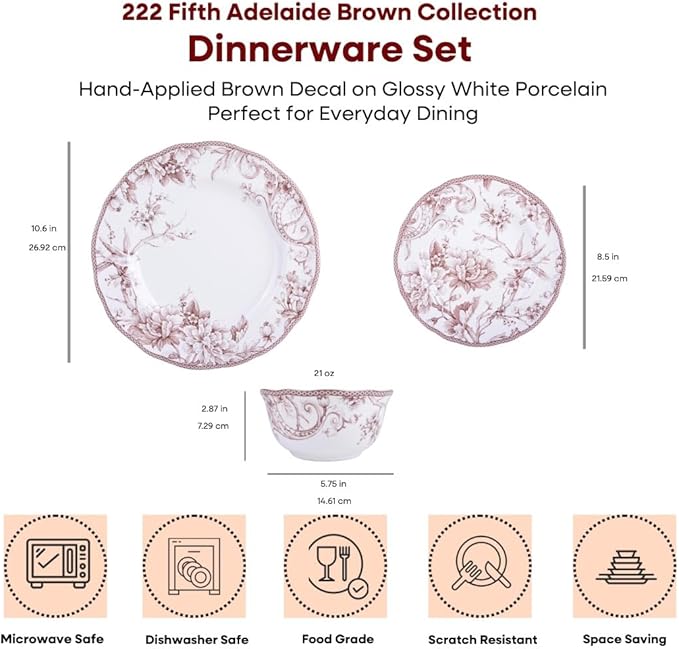 222 Fifth Adelaide Brown on White 12-Piece Dinnerware Set – Service for 4, Big Dinner Plates and Bowls Sets,Durable Porcelain, Microwave and Dishwasher Safe, for Everyday Dining & Entertainment