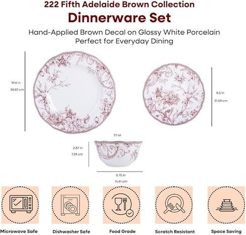 222 Fifth Adelaide Brown on White 12-Piece Dinnerware Set – Service for 4, Big Dinner Plates and Bowls Sets,Durable Porcelain, Microwave and Dishwasher Safe, for Everyday Dining & Entertainment