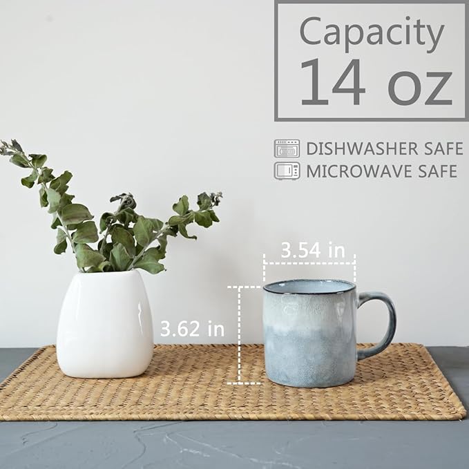 Bosmarlin Ceramic Coffee Mug Set of 4, 14 Oz, Coffee Cups with Big Handle, Microwave Safe, Unique Reactive Glaze (Light Blue, 14 Oz)