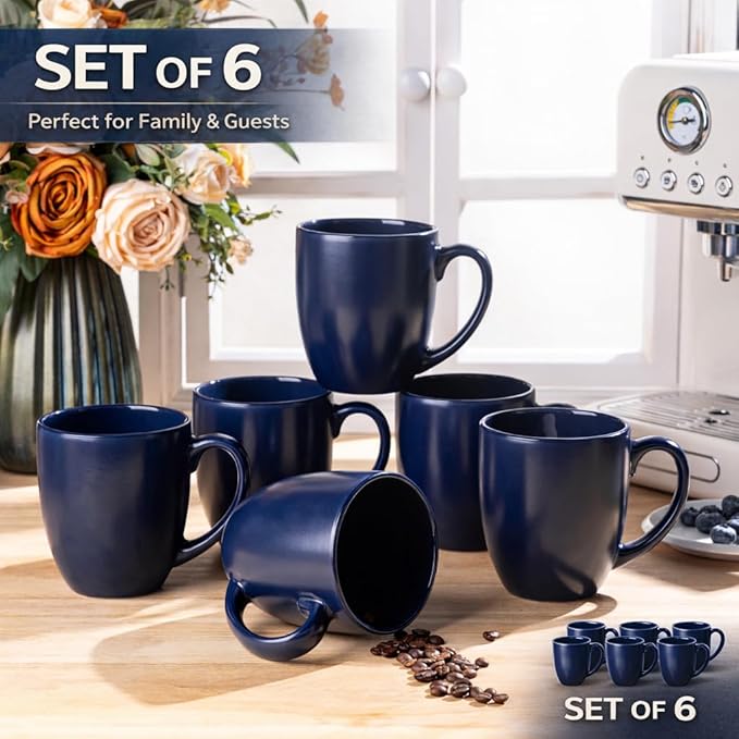 GBhome 16oz Coffee Mugs Set of 6, Large Ceramic Coffee Mugs for Man, Woman, Dad, Mom, Modern Coffee Mugs Set with handle for Tea/Latte/Cappuccino/Milk/Cocoa. Dishwasher&Microwave Safe,Matte Blue