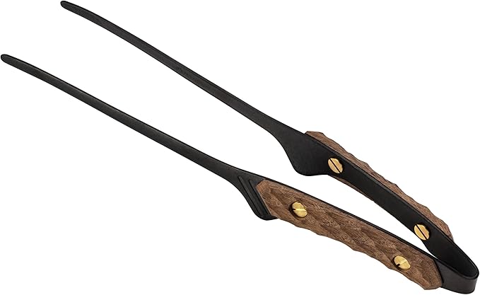 Thous Winds Stainless Steel Fine Tongs with Walnut Handle, 9 Inch Kitchen Tweezer Tongs for Cooking Camping Grilling BBQ Salad, Black
