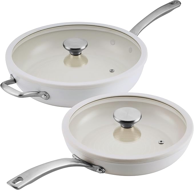 Circulon Halo with LaserDefense Ceramic Nonstick 10 Inch and 12 Inch Frying Pans with Lids, Made without PFAS, Compatible with All Stovetops,Dishwasher and Oven Safe,4 Piece Cookware Set - Pearl White