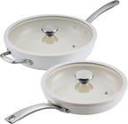 Circulon Halo with LaserDefense Ceramic Nonstick 10 Inch and 12 Inch Frying Pans with Lids, Made without PFAS, Compatible with All Stovetops,Dishwasher and Oven Safe,4 Piece Cookware Set - Pearl White