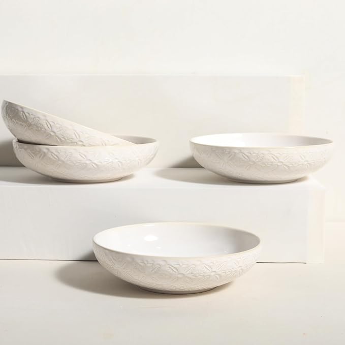 22 Oz Pasta Bowls Set of 4, Large Ceramic Serving Bowls, 8 inch Porcelain Embossed Bowl for Salad, Soup, Fruit, Rice, Desserts, Ramen, Housewarming Present, Kitchen Decor, Dishwasher Safe
