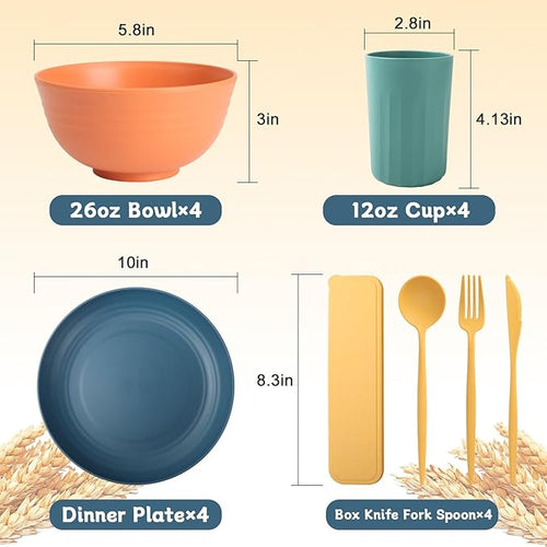 28 Piece Wheat Straw Dinnerware Sets,Plastic Dishes Set Alternative, Dishwasher & Microwave Safe Plates and Bowls Sets, Unbreakable Dinnerware Sets for 4 Dinner Plates, Cups, Cereal Bowls - Colorful