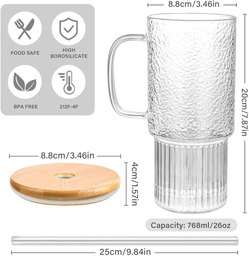 32oz Ribbed Glass Cup with Handle Lid and Straw，Borosilicate Glass Tumblers, Iced Coffee Cups Modern Glass Mug Hot/Cold Drinks for Smoothies, Tea, and Juice (32oz-2PACKwithBamboolid-new)