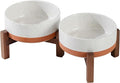 Havniva Ceramic 5.1inch Raised Double Bowls Set with Acacia Wood Stand, 2 Heights Elevated, Food & Water Bowls for Puppy, Kitty, Cats(13.5oz, Vanilla White)