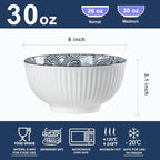 Houlu 6 in Small Japanese Bowls Set of 6, Versatile 30 oz Blue and White Porcelain Bowls for Soup, Cereal, Salad, Desserts, and Side Dishes - Wave Pattern