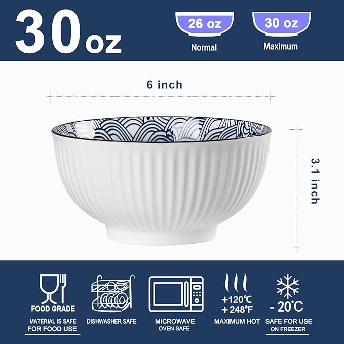 Houlu 6 in Small Japanese Bowls Set of 6, Versatile 30 oz Blue and White Porcelain Bowls for Soup, Cereal, Salad, Desserts, and Side Dishes - Wave Pattern
