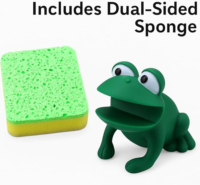 Animal Shape Novelty Kitchen Sponge Holder and Sponge Choice of Frog or Duck (Green Frog)