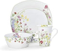 Mikasa Wildflower Garden Dinnerware Set, 16-Piece Bone China Dishes Service for 4, Square Plates and Bowls Set with Mugs, Floral Design, Dishwasher and Microwave Safe