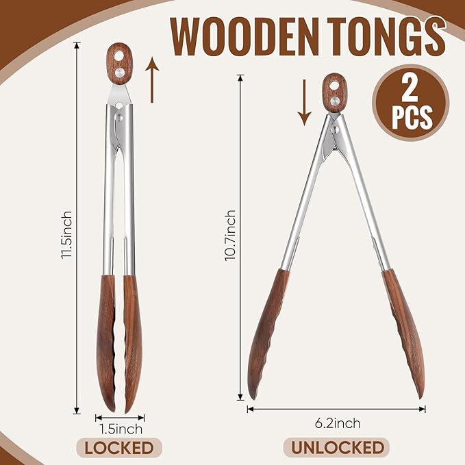 Baderke 2 Pcs Kitchen Tongs for Cooking Wooden Utensil Set Salad Tongs with Wood Tips for Serving Salad Flipping Burgers Grilling and Much More (11.4 Inch,Walnut Wooden)