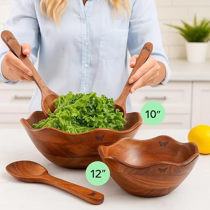 Melvvi Large Wooden Salad Bowl Set of 2 with 2 Serving Utensils | 10" &12 inch Extra Large Acacia Wood Serving Bowls | Great gift for mothers (Natural Set of 4)