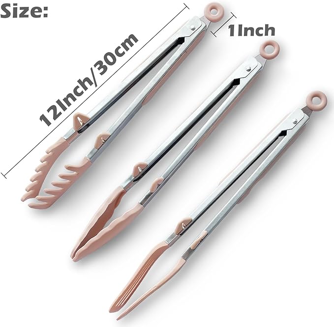 Tongs for Cooking, 12" Kitchen Tongs with Silicone Tips, Food Grade Serving Tongs Set of 3, Pink