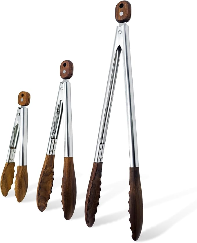 Wooden Tongs for Cooking & Serving Food, Anti-Slip Long Handle Wooden Kitchen Tongs Heat Resistant, Stainless Steel Salad Tongs with Walnut Wood Tip, Locking & Hanging Cooking Utensils Set