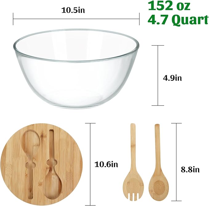 ShineMe Glass Salad Bowl, 4.7 Qt Mixing Bowl with Lid and Built in Utensils, Versatile Trifle Bowl for Serving, Mixing, Preparing, Storing, and Decoration, Large Halloween Candy Bowl