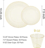 DaYammi 350Pcs Gold Glitter Dinnerware Set 50 Guest for Party Gold Plates Disposable - 50 Dinner Plate,50 Dessert Plate,50 Per Rolled Napkins with Gold Cutlery,50 Plastic Cups 9 OZ for Party Wedding
