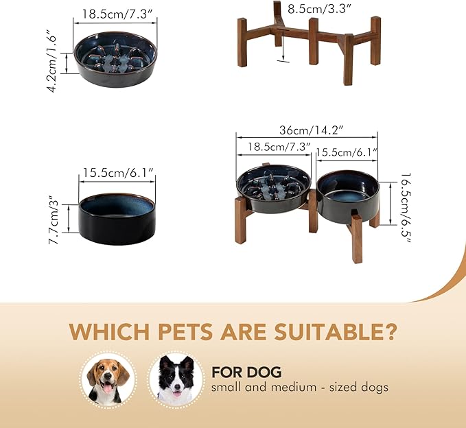 Havniva Ceramic 1.2 Cup Raised Slow Feeder Dog Bowl Set, Elevated 6.1inch Bowl and 7.3inch Slow Feeder Dish with Acacia Wood Stand for Small and Medium Dogs (2 x Starry Sky+ Stand)