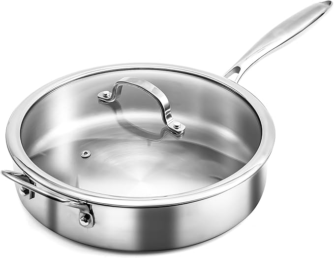 WANGYUANJI 11" Stainless Steel Saute Pan with Lid for 3-4 Servings, 4.7 QT Tri-Ply Deep Frying Pan & Extra Large Skillet, 18/10 (304) Induction Cookware, Oven Safe