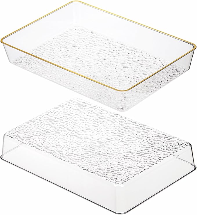 Cididu 4 Pack Clear Serving Trays, Deep Serving Platters Rectangle 12'' x 8'', Decorative Tray with Gold Rim, Reusable Plastic Tray Organizer for Coffee Table Pantry Party Food Display Spill Proof
