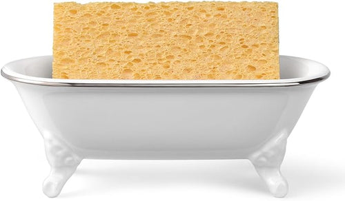 6.5" Ceramic Mini Decorative Clawfoot Bathtub Bar Soap Dish, Kitchen Sponge Holder and Shower Tray for Bathroom, 1 Pack (White Silver Rim)