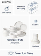 LE TAUCI Ceramic Plates and Bowls Set for 6, 18-Piece Ceramic Dinnerware Set, Farmhouse Dishes Set, Microwave & Dishwasher Safe, Stackable, 10" Dinner+8" Salad Plates+6" Bowls, White