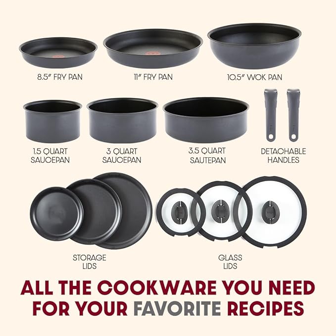 T-fal Ingenio Expertise Non Stick Cookware Set 14 Piece, Induction, Oven Broiler Safe 500F, Detachable/Removable Handle, Kitchen, Cookware, Pots and Pans, RV, Camping, Fry Pans, Dishwasher Safe, Gray