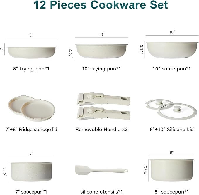 NEWBULIG 12-Piece Pots and Pans Set, Nonstick Cookware Set with Detachable Handle, Non toxic Induction Kitchen Cooking Set, Dishwasher ＆ Oven Safe, RV Friendly, Beige