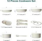 NEWBULIG 12-Piece Pots and Pans Set, Nonstick Cookware Set with Detachable Handle, Non toxic Induction Kitchen Cooking Set with Frying Pans Set, Dishwasher ＆ Oven Safe, RV Friendly, Beige