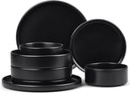 E-far 8-Piece Black Plates and Bowls Sets - Stoneware Dinnerware Sets with Pasta Bowls for 2 | Matte Black Kitchen Modern Dish Set, Microwave & Dishwasher Safe