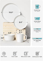 LE TAUCI Dinnerware Sets with Mugs for 4, Stoneware Plates and Bowls Set, Stackable, Microwave & Dishwasher Safe Ceramic Dishes, 16-Piece, White (10" Dinner & 8" Salad Plates, 6" Bowls, 18 oz Cups)
