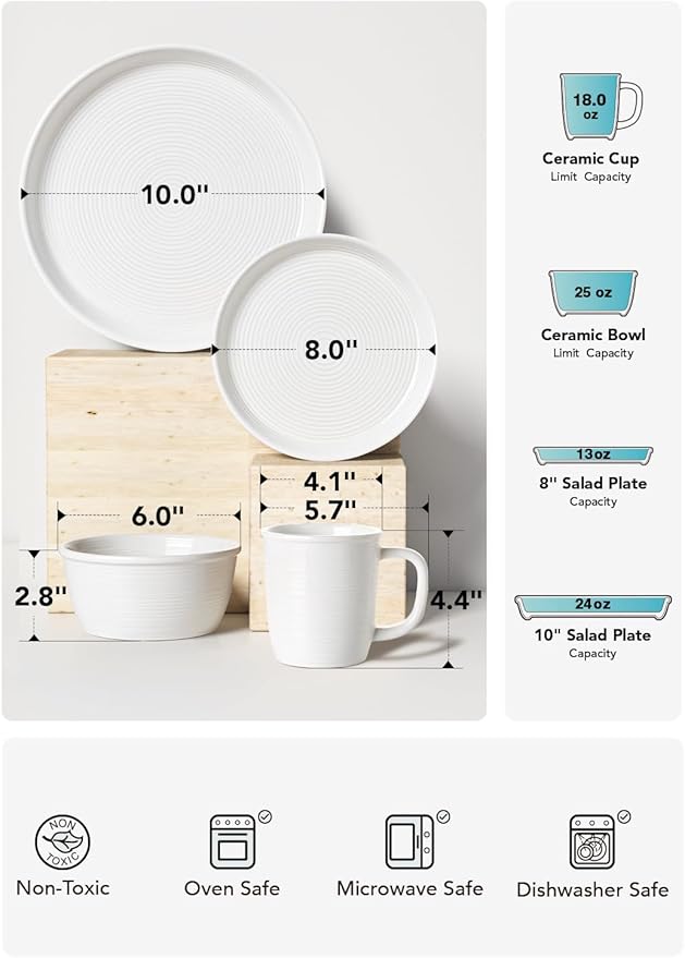 LE TAUCI Dinnerware Sets with Mugs for 4, Stoneware Plates and Bowls Set, Stackable, Microwave & Dishwasher Safe Ceramic Dishes, 16-Piece, White (10" Dinner & 8" Salad Plates, 6" Bowls, 18 oz Cups)