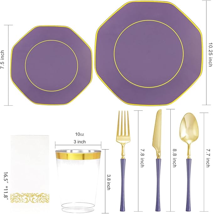 KIRE 140Pcs Purple Plastic Plates with Gold Rim& Gold Disposable Plastic Silverware with Handle&Clear Cups&Hand Napkin- Geometric Purple Plastic Plates for Parties & Mardi Gras