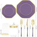KIRE 140Pcs Purple Plastic Plates with Gold Rim& Gold Disposable Plastic Silverware with Handle&Clear Cups&Hand Napkin- Geometric Purple Plastic Plates for Parties & Mardi Gras