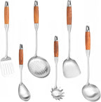 Stainless Steel Cooking Utensils with Wooden Handle, 6 PCS Stainless Steel Kitchen Utensils 12.5"-14", Wok Spatula, Ladle, Skimmer, Slotted Spatula Turner, Spaghetti Spoon, Large Spoon